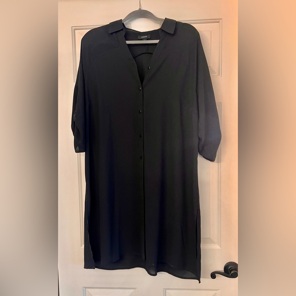 Alfani Classic Black button up shirt Dress with roll tab sleeves knee length